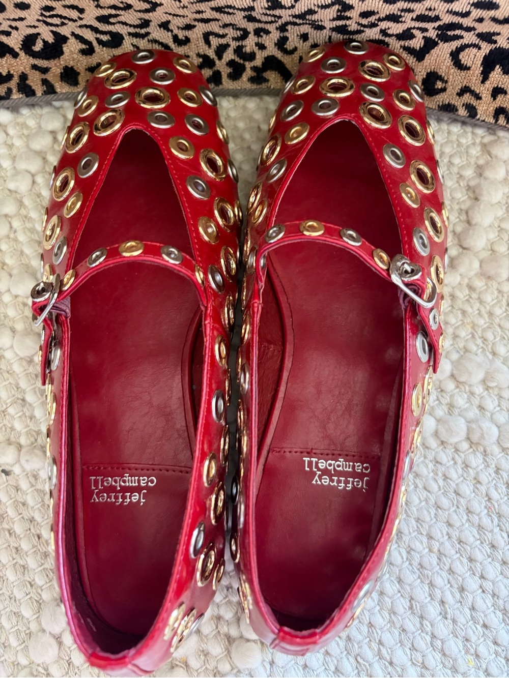 Jeffrey Campbell Red Leather Grommet Mary Jane Flats